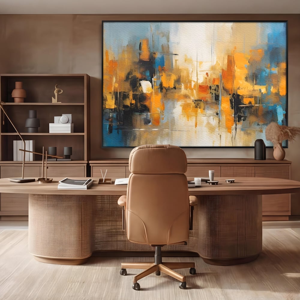 Tablou canvas cu pictura abstracta cu reflexii in apa, in rama de aluminiu negru, pe perete intr-un birou